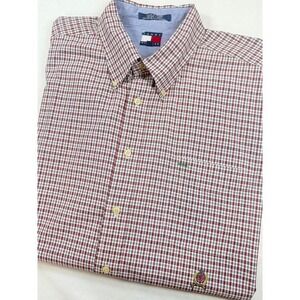 Y2K VTG Tommy Hilfiger Mens Shirt Red Plaid Short Sleeve 2XL Box Tag Crest Logo